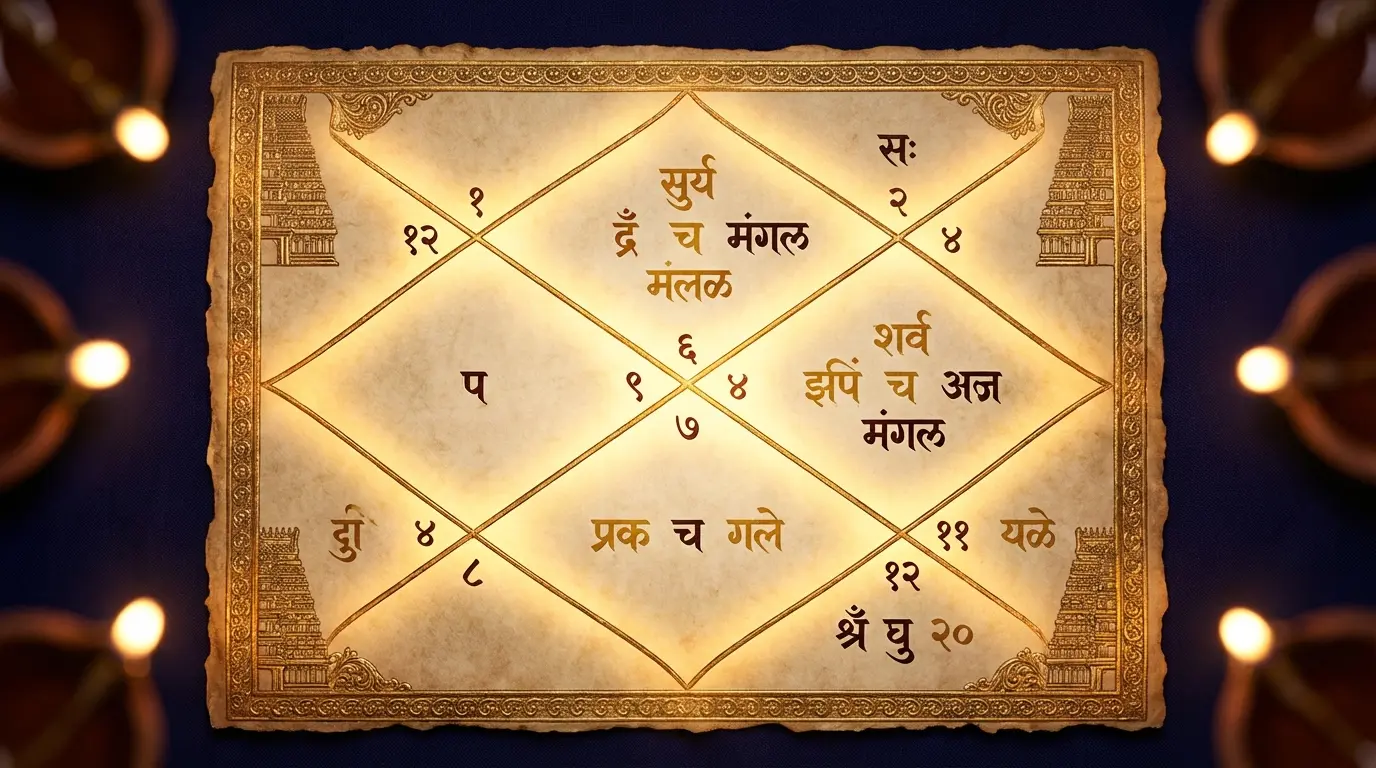 Traditional South Indian Vedic birth chart (Kundali) with golden illuminated houses, Sanskrit numerals, and temple-inspired ornate borders on parchment background